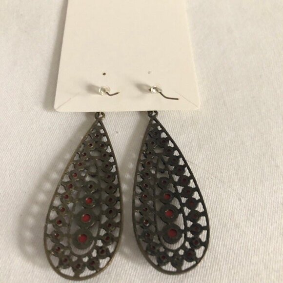 Teardrop Antiqued Red Cabochon Pierced Dangle Earrings Gold Tone - Picture 4 of 6